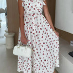 Floral Print Square Neck Pleated Back Midi Dress