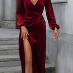 High Waisted Long Sleeves Solid Color Split-Side Tied Waist Velvet Deep V-Neck Maxi Dresses