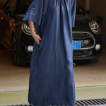 Loose Raglan Sleeve Drawstring Lace-Up Pleated Solid Color Round-Neck Midi Dresses
