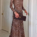 Retro leopard print high collar slim floor-length dress