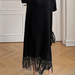 Loose Short Sleeves Solid Color Split-Joint Tasseled V-Neck Midi Dresses