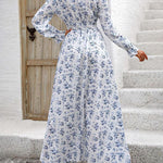 Long Sleeves Loose Elasticity Floral Printed V-Neck Maxi Dresses