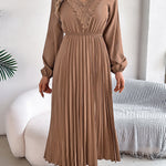 Elasticated Waist High Waisted Pleated Solid Color V-Neck Midi Dresses