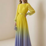 High Waisted Long Sleeves Belted Contrast Color Gradient Pleated Split-Joint Round-Neck Maxi Dresses