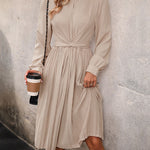 Long Sleeves Loose Pleated Solid Color Split-Joint Tied Waist Round-Neck Midi Dresses