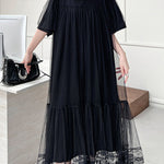 Fake Two-Piece Loose Gauze Pleated Solid Color Split-Joint Tiered Round-Neck Midi Dresses