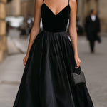 Classic Black Velvet & Taffeta V-Neck Midi Dress