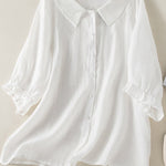 Cotton And Linen Solid Color Five-Quarter Sleeve Lapel Loose Shirt