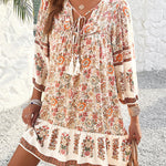 A-Line Loose Contrast Color Drawstring Flower Print Pleated Split-Joint V-Neck Mini Dresses