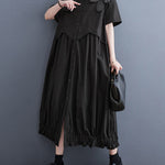 Loose Short Sleeves Elasticity Pleated Split-Joint Lapel Midi Dresses
