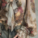 Boho Vintage Floral Tie-Front Chiffon Blouse
