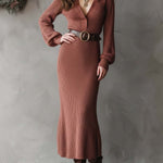 Ribbed Knit Maxi Dress With Deep V Collar And Leather Belt