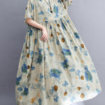 Artistic Retro Loose Floral Printed Pleated Vacation Midi Dress