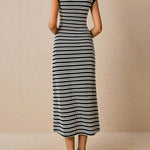 Sleeveless Contrast Color Split-Joint Striped Round-Neck Midi Dresses
