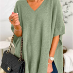 V Neck Loose Fit Solid Poncho Sweater