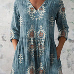 Women's Vintage Ethnic Pattern Art Print Casual Linen V-neck Shirt