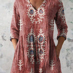 Women's Vintage Ethnic Pattern Art Print Casual Linen V-neck Shirt