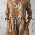 Women's Vintage Ethnic Pattern Art Print Casual Linen V-neck Shirt