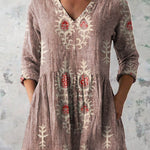 Women's Vintage Ethnic Pattern Art Print Casual Linen V-neck Shirt