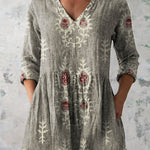 Women's Vintage Ethnic Pattern Art Print Casual Linen V-neck Shirt