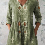 Women's Vintage Ethnic Pattern Art Print Casual Linen V-neck Shirt