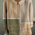 Women's Vintage Geometric Line Pattern Art Print Casual Cotton And Linen 3/4 Sleeve Shirt
