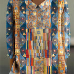 Women's Abstract Geometric Pattern Art Print Casual Cotton And Linen 3/4 Sleeve Shirt