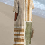 Women's Abstract Geometric Pattern Art Print Pocket Linen Dress（Convertible Dress With Front And Back Option）