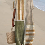Women's Abstract Geometric Pattern Art Print Pocket Linen Dress（Convertible Dress With Front And Back Option）