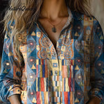 Women's Abstract Geometric Pattern Art Print Casual Cotton And Linen 3/4 Sleeve Shirt