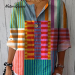 Women's Geometric Line Pattern Art Print Casual Cotton And Linen 3/4 Sleeve Shirt