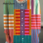 Women's Geometric Line Pattern Art Print Casual Cotton And Linen 3/4 Sleeve Shirt