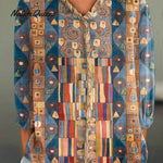 Women's Abstract Geometric Pattern Art Print Casual Cotton And Linen 3/4 Sleeve Shirt