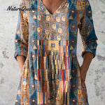 Women's Abstract Geometric Pattern Art Print Casual Cotton And Linen 3/4 Sleeve Shirt