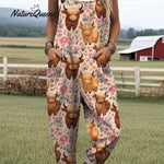 Women's Flying Bees Embroidery Pattern Casual Cotton Wide Leg Jumpsuit