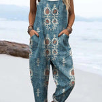 Women's Vintage Floral Pattern Art Print Casual 100% Cotton Wide Leg Jumpsuit