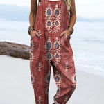 Women's Vintage Floral Pattern Art Print Casual 100% Cotton Wide Leg Jumpsuit