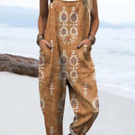 Women's Vintage Floral Pattern Art Print Casual 100% Cotton Wide Leg Jumpsuit