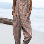 Women's Vintage Floral Pattern Art Print Casual 100% Cotton Wide Leg Jumpsuit