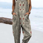 Women's Vintage Floral Pattern Art Print Casual 100% Cotton Wide Leg Jumpsuit