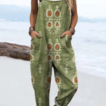 Women's Vintage Floral Pattern Art Print Casual 100% Cotton Wide Leg Jumpsuit