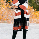 Pocketed Color Block Striped Chunky Knit Midi Cardigan