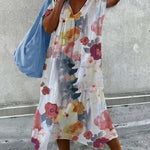 Flower print short-sleeved V-neck splicing long dress