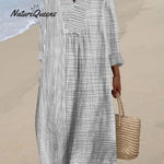 Women Vintage Stripes Casual V Neck Midi Dress