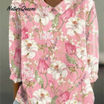Women Vintage Flowers Art Print Loose Top Peter Pan Collar Half Sleeve Blouses