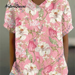 Women Vintage Flowers Art Print Loose Top Peter Pan Collar Half Sleeve Blouses