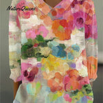 Women's Vintage Flowers Art  Print Casual Linen V-neck Shirt