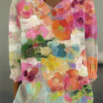Women's  Floral Art Print Casual Cotton And Linen 3/4 Sleeve Shirt