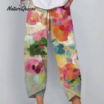 Women's Vintage Flowers Art  Print Casual Linen V-neck Shirt