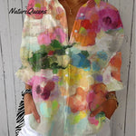 Women's  Floral Art Print Casual Cotton And Linen 3/4 Sleeve Shirt